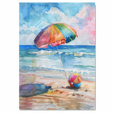 Watercolor Painting of Vibrant Beach Umbrella and Ball on Shoreline with Soft Ocean Waves and Pastel Sky for Summer Vibes on Ready to Hang 1.5" Thick Canvas Wrap, Floating Framed Canvas, Flat Rolled Canvas